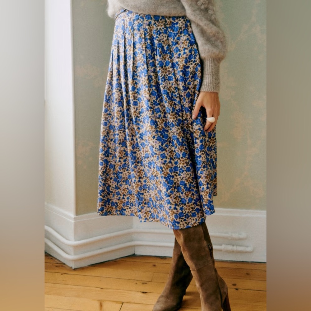 NWT Sezane Alicia blue floral midi skirt